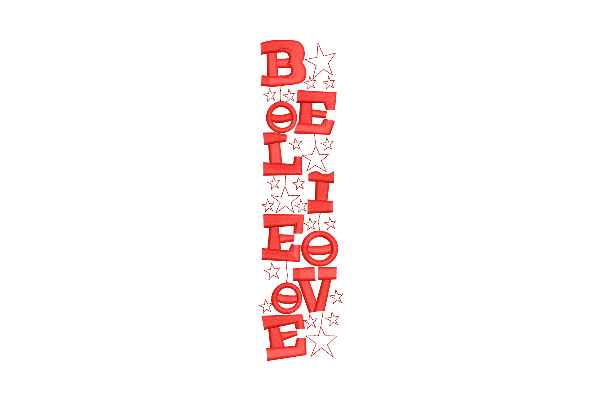 Believe vertical Christmas embroidery design with bold red satin letters stacked vertically surrounded by scattered star outlines