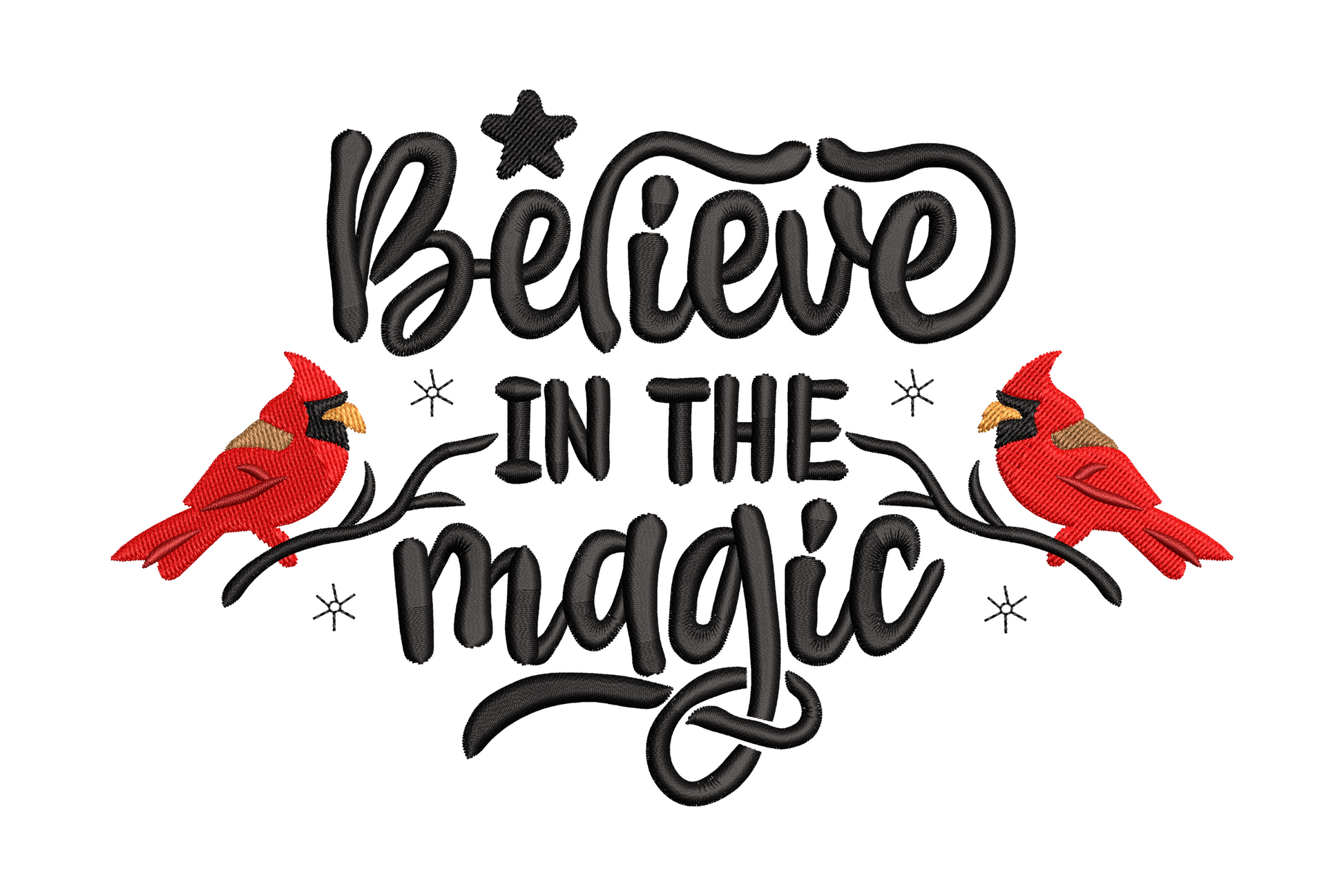 Two red cardinals on curved branch with chunky hand-lettered 'Believe in the magic' quote, 9-colour inspirational embroidery design