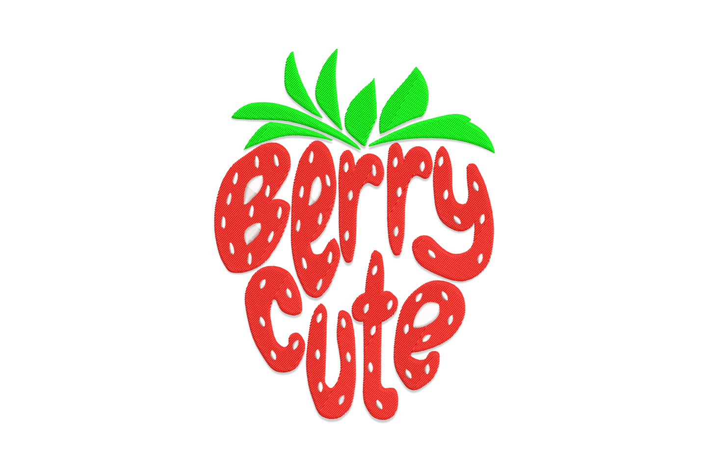 Berry cute strawberry word embroidery, kawaii cartoon strawberry character with bold lettering in red green and black