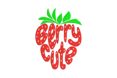 Berry cute strawberry word embroidery, kawaii cartoon strawberry character with bold lettering in red green and black
