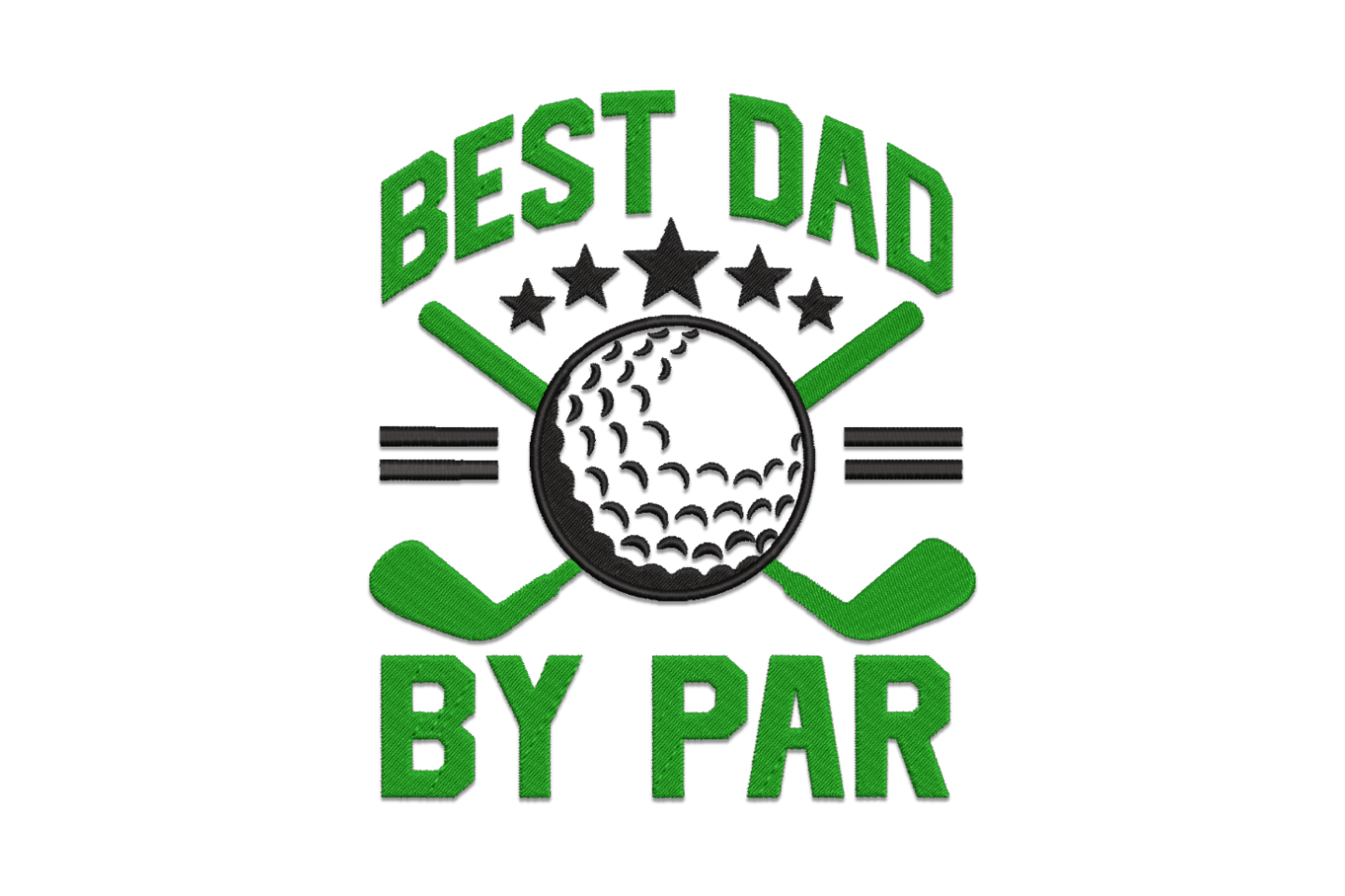 Best Dad by Par golf embroidery, dark green and black varsity badge, arced block text, 5 black stars, crossed clubs and dimpled golf ball centre.
