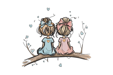 Best friends girls embroidery design showing two young girls seated on a branch from behind, one in powder blue and one in dusty pink with hair bows, surrounded by small floating hearts.