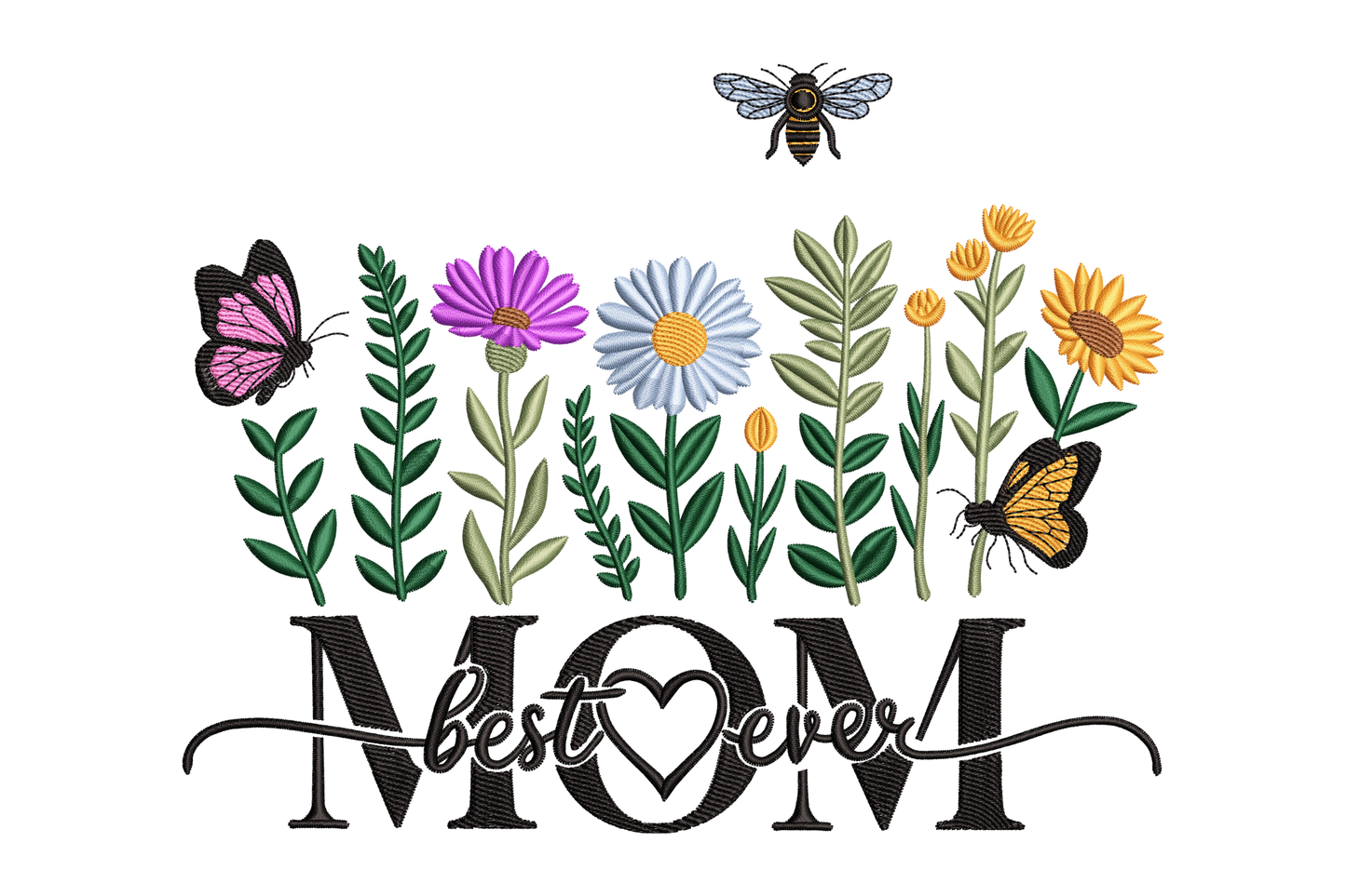 Decorative design with flowers, butterflies, and the text 'best mom ever' embroidery design