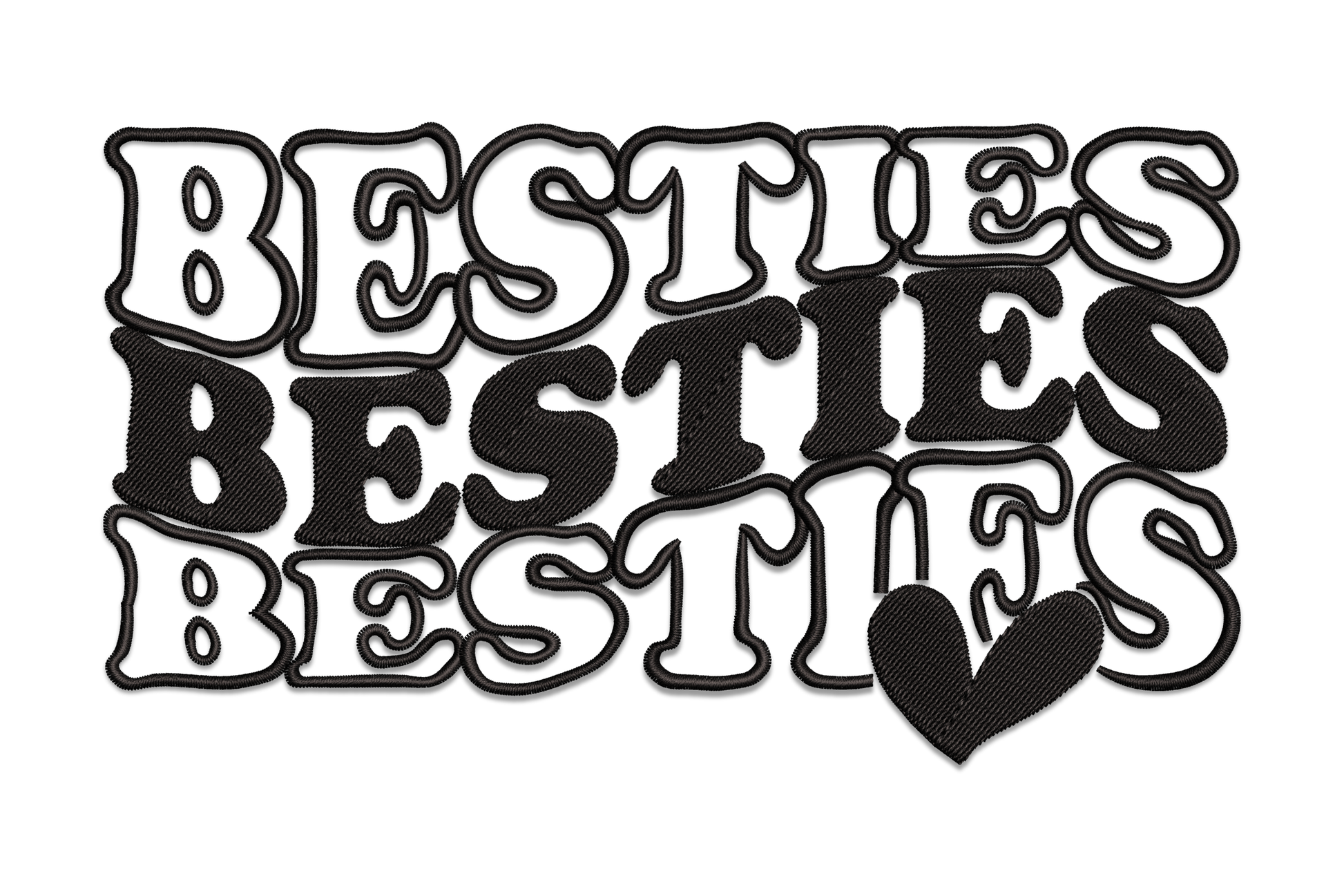 Retro bubble-letter BESTIES word art stacked three rows with heart embroidery design