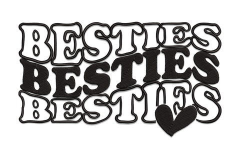 Retro bubble-letter BESTIES word art stacked three rows with heart embroidery design