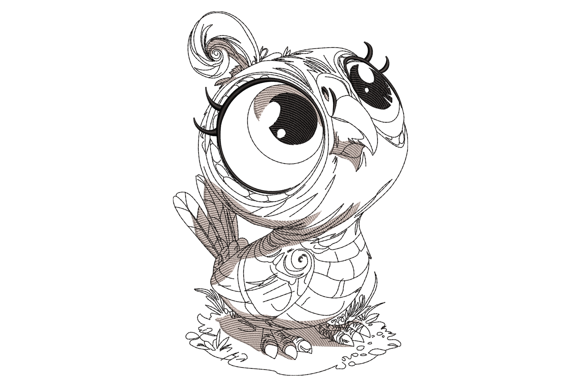 Sketch embroidery of a baby owl with one oversized round eye, soft grey shading under black pencil-line ink, woodland style.