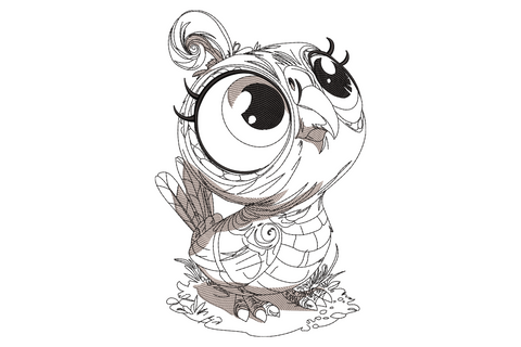Sketch embroidery of a baby owl with one oversized round eye, soft grey shading under black pencil-line ink, woodland style.