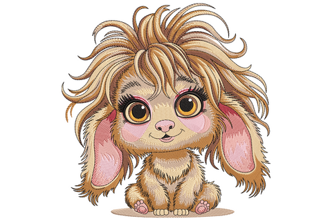 Big eye rabbit embroidery design, fluffy kawaii bunny with wild shaggy brown hair and huge amber eyes with lash detail, pink ears at sides.