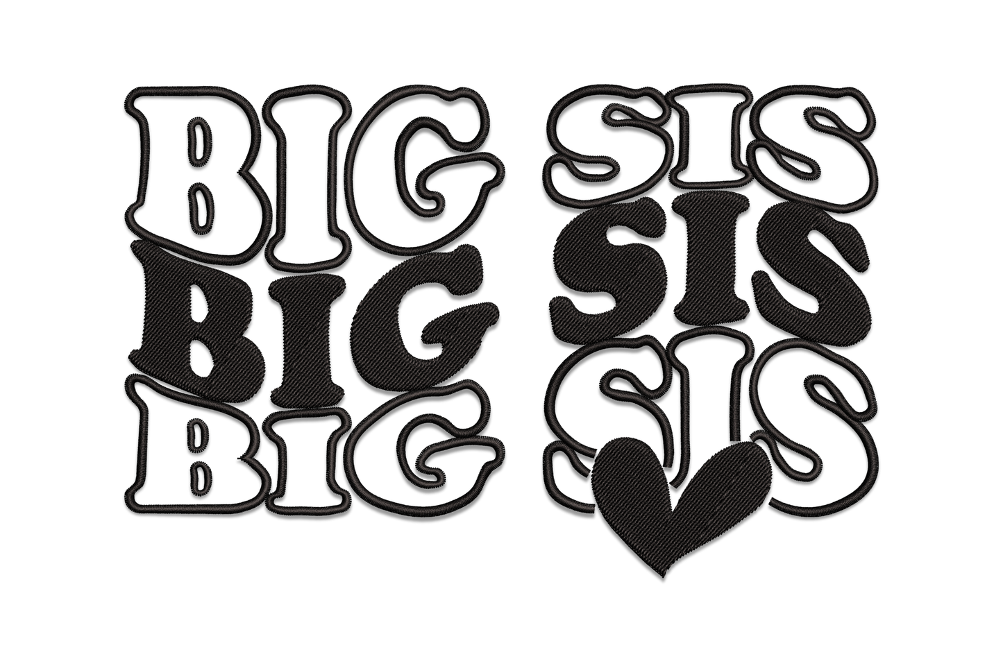 Retro bubble-letter BIG SIS two-column stacked word art with heart embroidery design