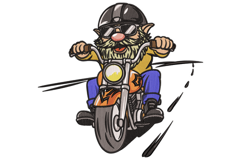 Biker gnome on motorcycle embroidery design, front view with sunglasses, pointed hat, white beard and motion lines behind the rear wheel.