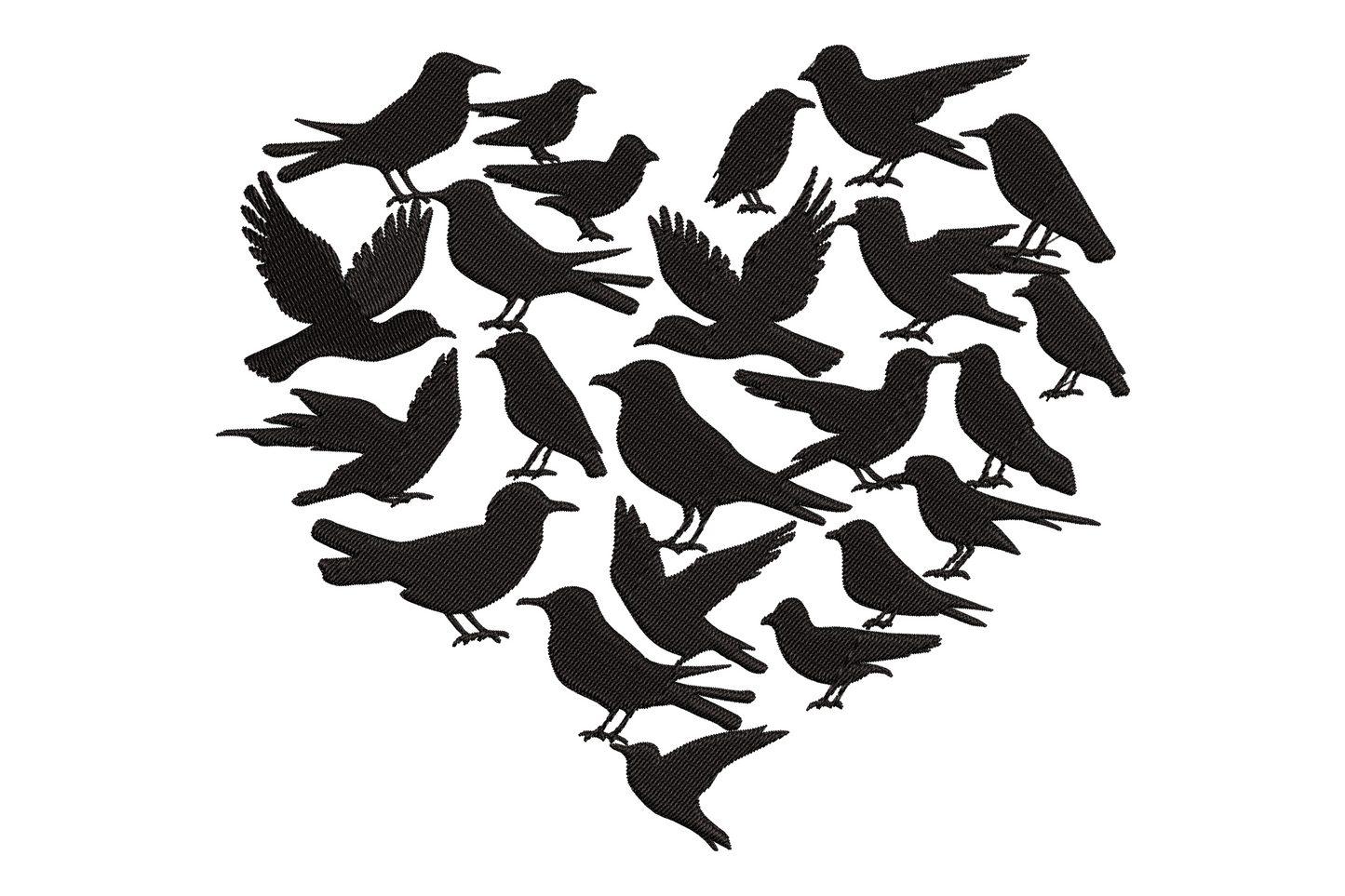 Bird heart silhouette embroidery, 20 plus birds in varied poses arranged into a heart outline, single black thread