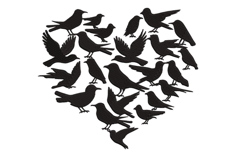 Bird heart silhouette embroidery, 20 plus birds in varied poses arranged into a heart outline, single black thread