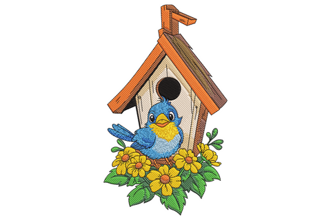 Wooden birdhouse embroidery with orange roof, blue cartoon bird out front and yellow daisies at the base.