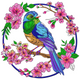 Bird on Floral Wreath Embroidery Design, Instant Download