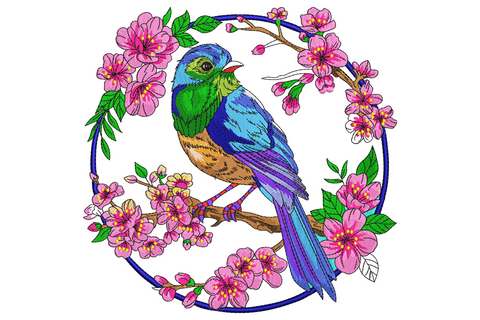 Bird on floral wreath embroidery design with perched bird inside dense circular botanical wreath, 24 colours, satin petals and directional feather stitching.