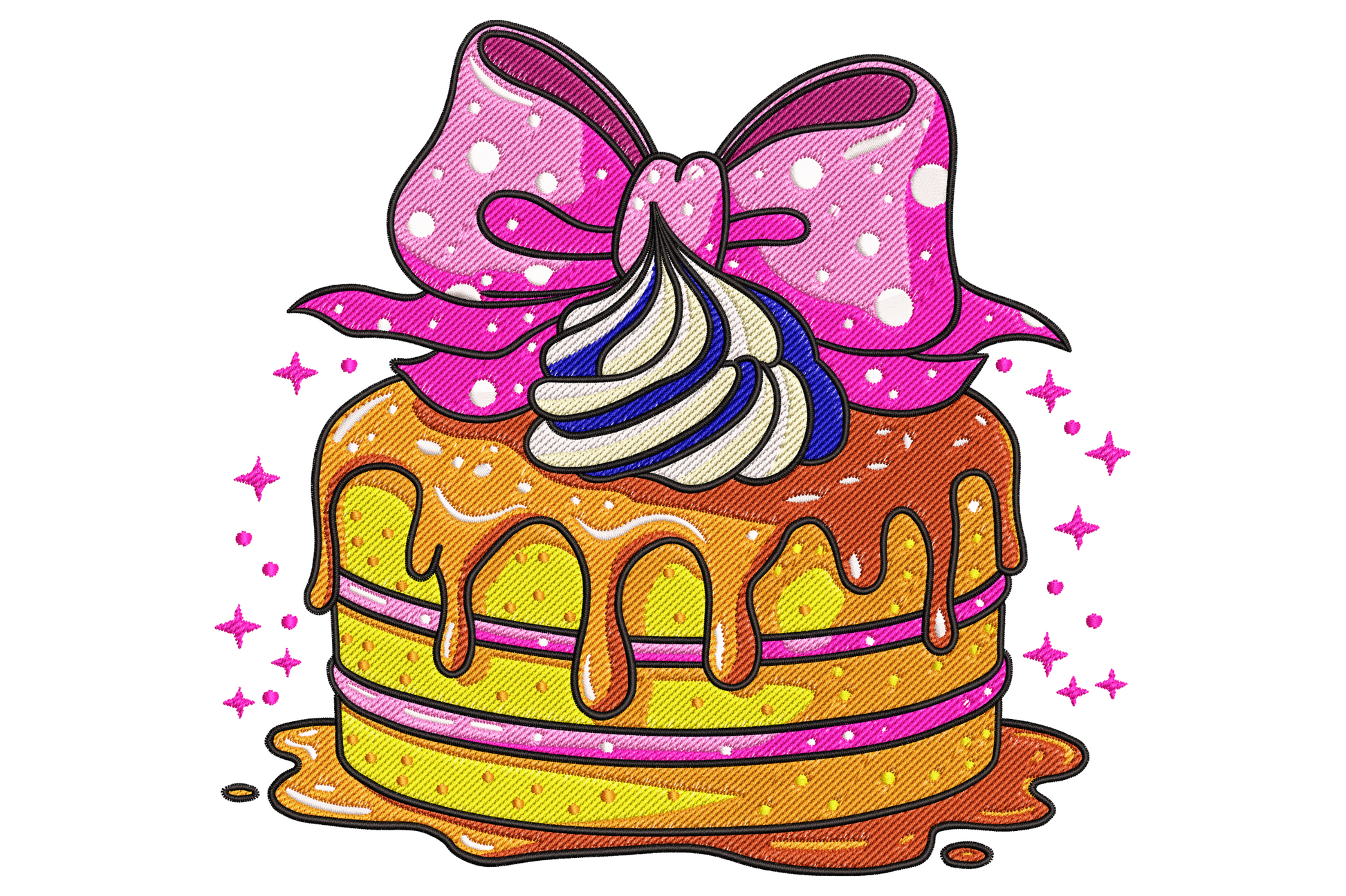 Birthday cake embroidery with two yellow tiers, caramel drip, cream swirl topping and oversized pink polka-dot bow on top.