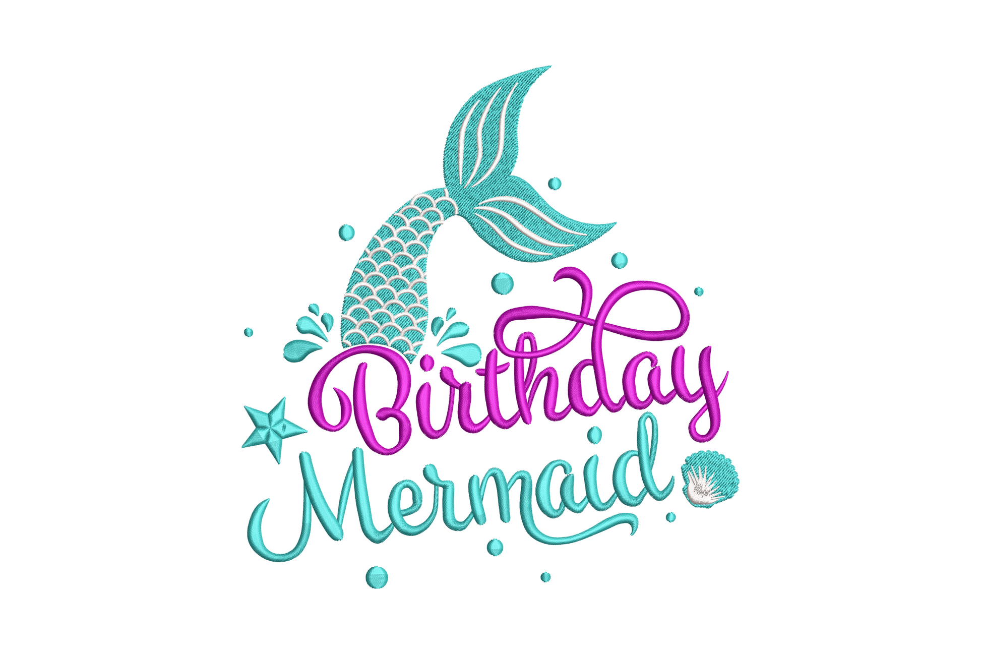 Birthday Mermaid embroidery design, aqua tail upper left with dark magenta Birthday script and aqua Mermaid text, 3 colours