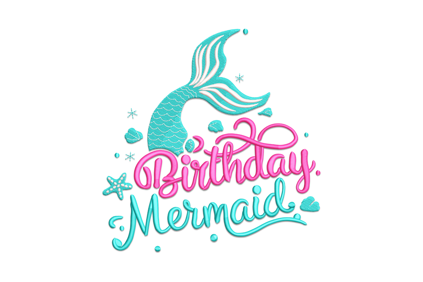 Birthday mermaid embroidery design, playful mermaid figure with birthday accent, three thread colours in aqua warm tone and contrast, whimsical minimal style.