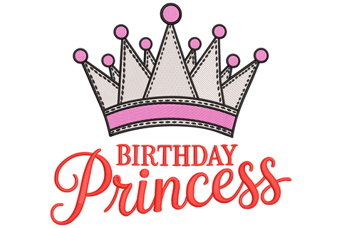 Birthday Princess embroidery design with black lattice crown and red flowing script below, pink and white accents.