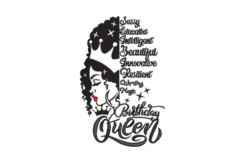 Birthday Queen embroidery design showing Black woman silhouette with natural afro hair, empowerment words and crown, black and red on white.