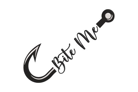 Machine embroidery Bite Me cursive text running along a fishing hook at a diagonal angle in black on white background