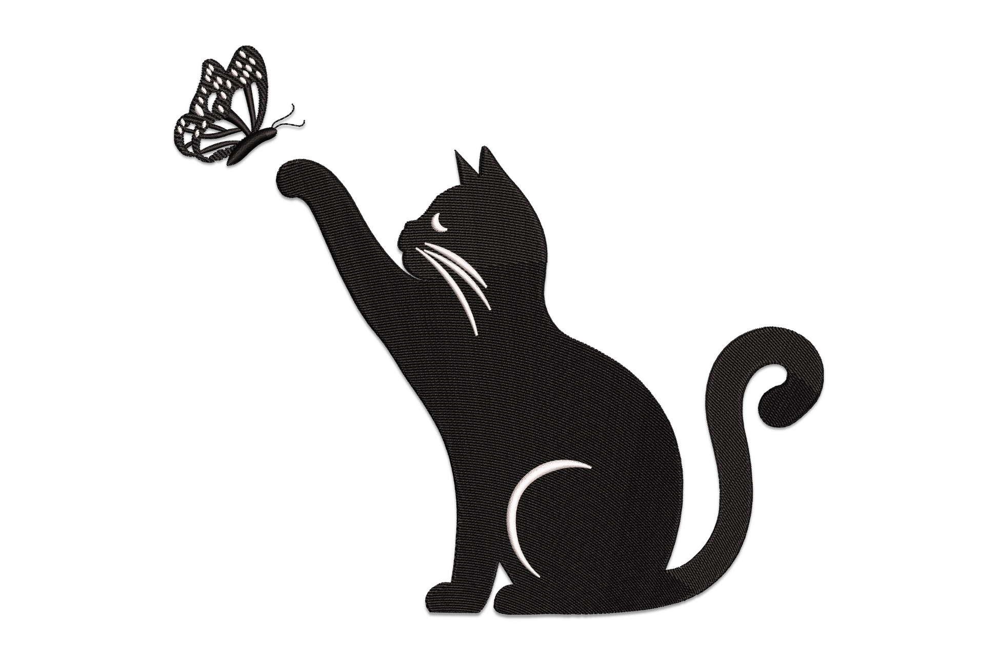 Black cat butterfly embroidery design with seated silhouette cat reaching one paw toward a detailed white butterfly.