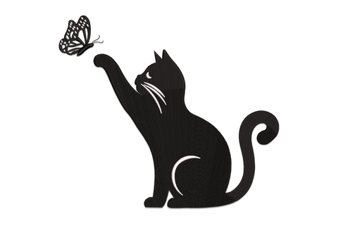 Black cat butterfly embroidery design with seated silhouette cat reaching one paw toward a detailed white butterfly.