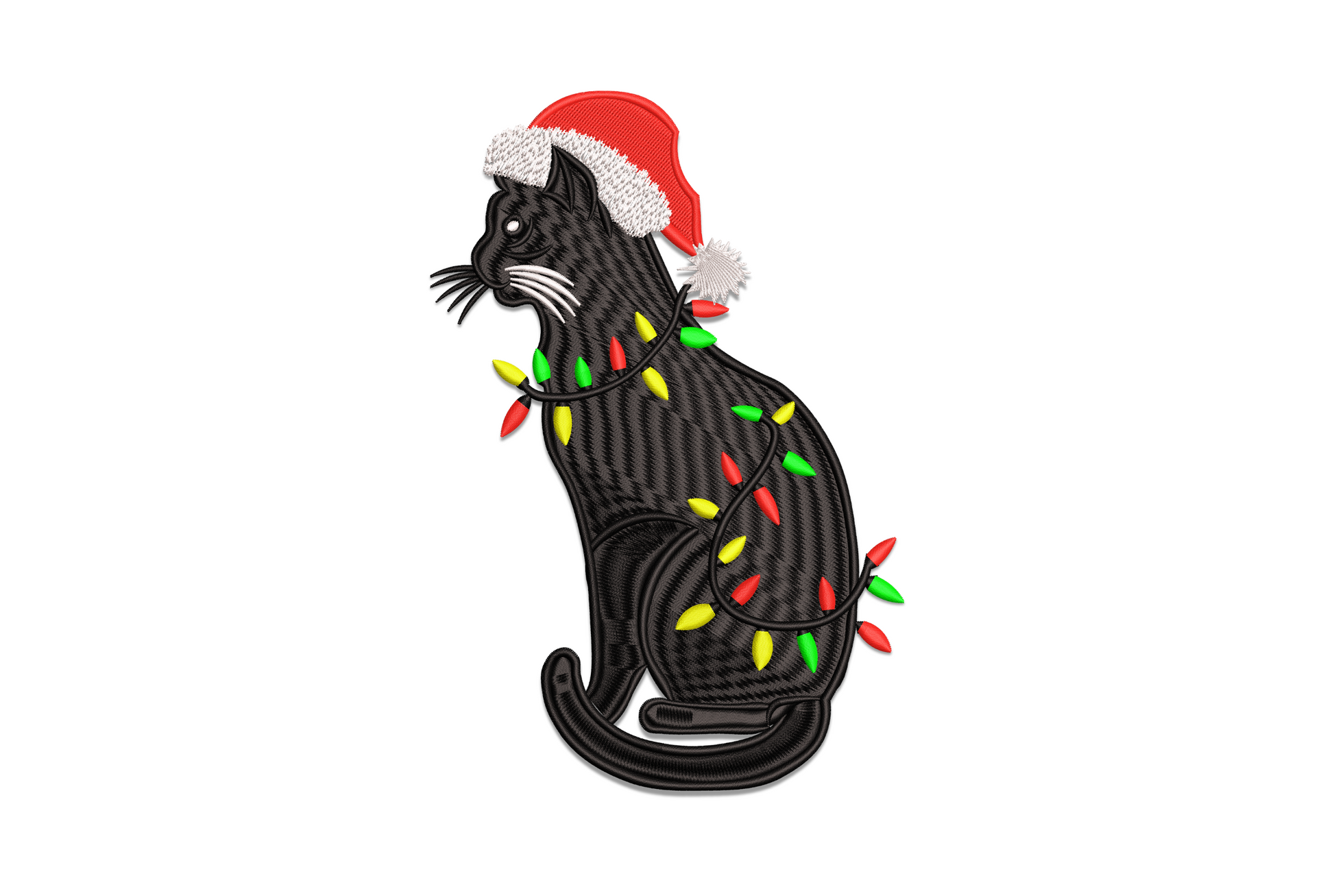 Black cat christmas embroidery design, black cat in a red Santa hat tangled in red green and yellow string lights.