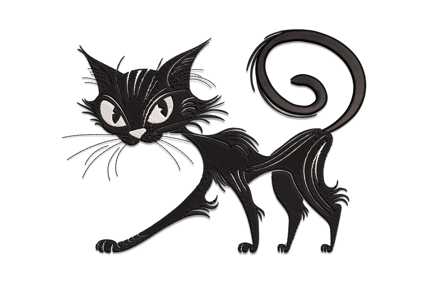 Black cat machine embroidery design with arched back and spiked fur silhouette, curled tail, classic Halloween cat pose.