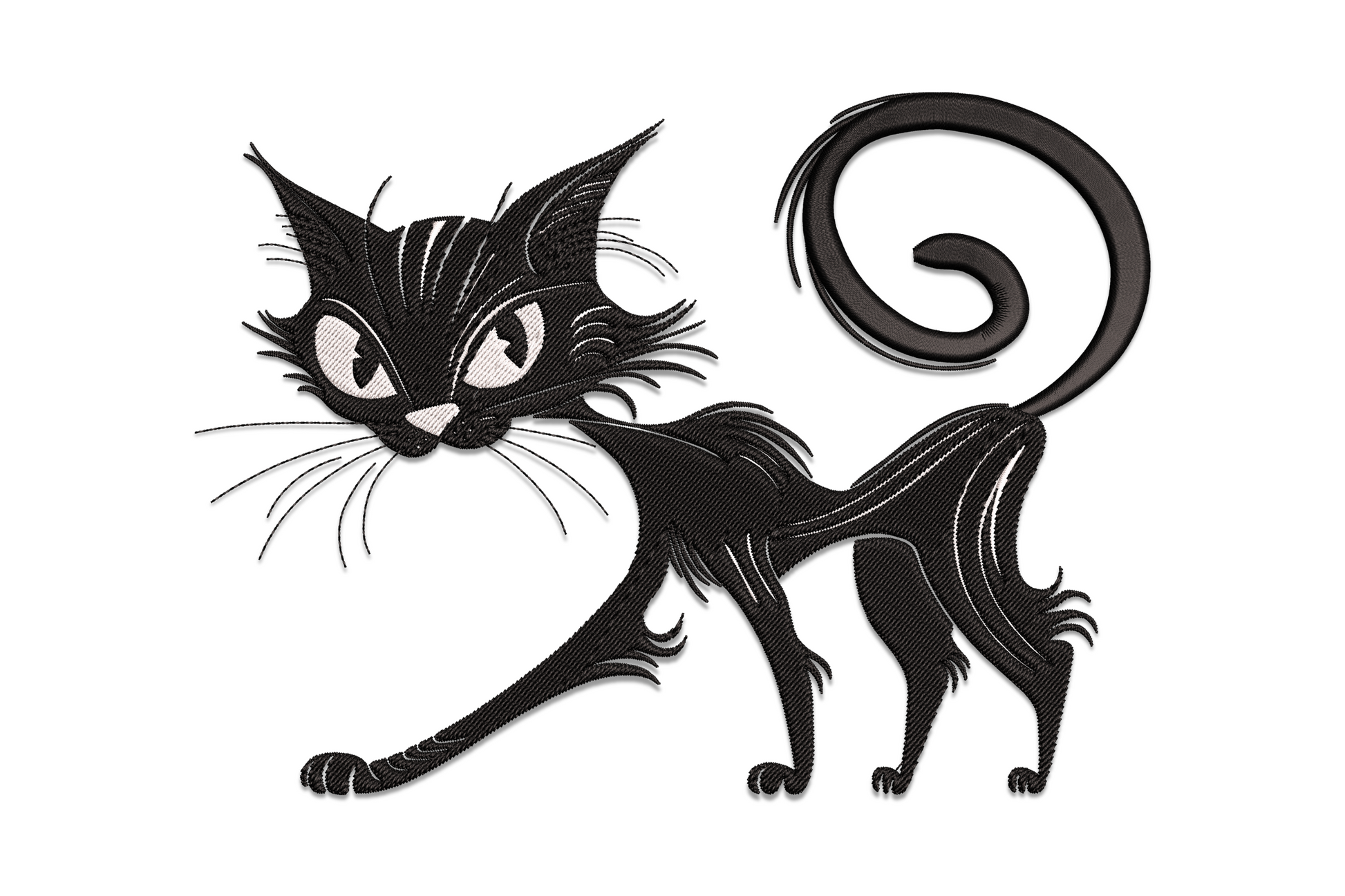 Black cat machine embroidery design with arched back and spiked fur silhouette, curled tail, classic Halloween cat pose.