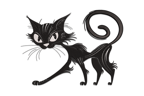 Black cat machine embroidery design with arched back and spiked fur silhouette, curled tail, classic Halloween cat pose.