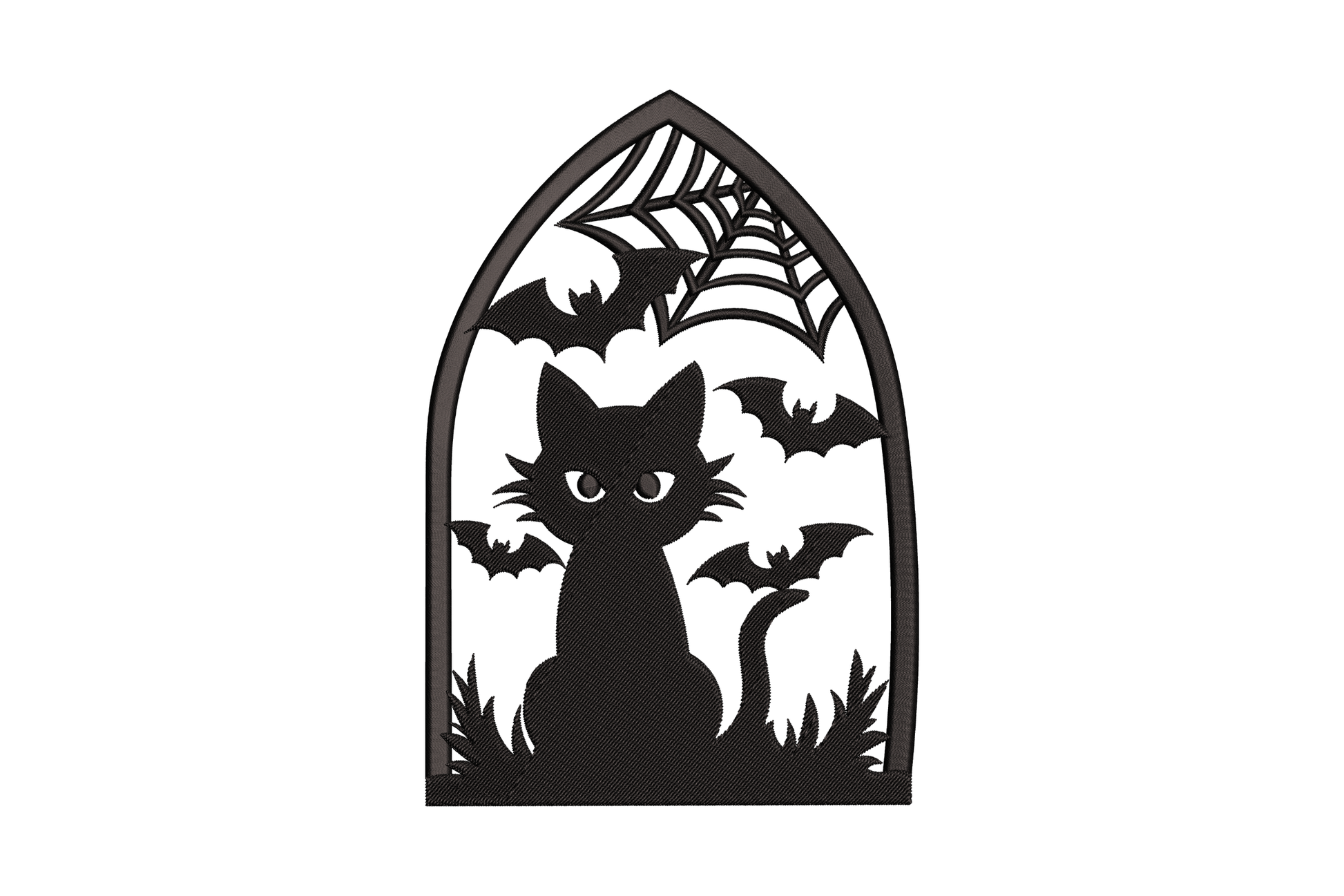 Embroidered black cat sitting in a gothic arched window with spider web bats and cloud, single colour halloween silhouette design