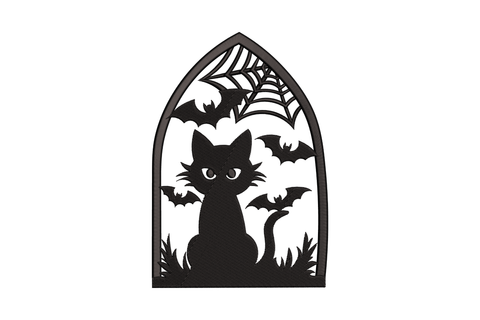 Embroidered black cat sitting in a gothic arched window with spider web bats and cloud, single colour halloween silhouette design