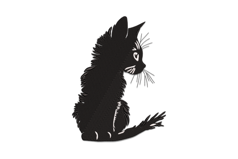 Machine embroidery design of a seated black cat silhouette with raised paw, etched fur texture and white whisker lines, 2 colors black and white