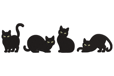 Four black cat silhouettes in a row on white fabric, horizontal embroidery design with green eye accents, satin stitch fill