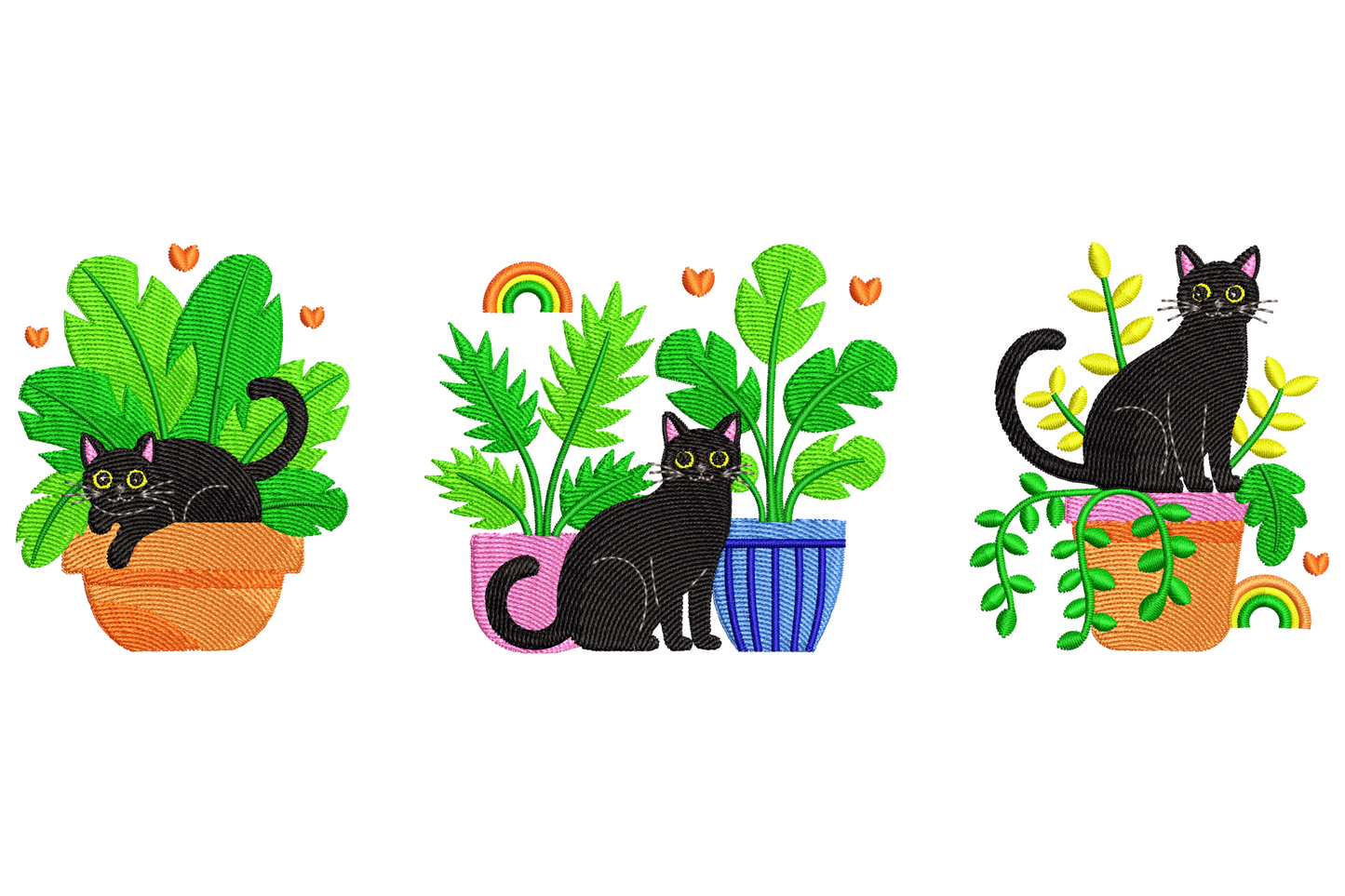 Three black cats in colourful plant pots overflowing with tropical leaves, small rainbow arcs and orange hearts, wide landscape banner embroidery design.