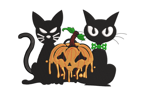Two black cats with dripping orange Halloween pumpkin embroidery design with green bow, white cat eyes and layered orange fill.