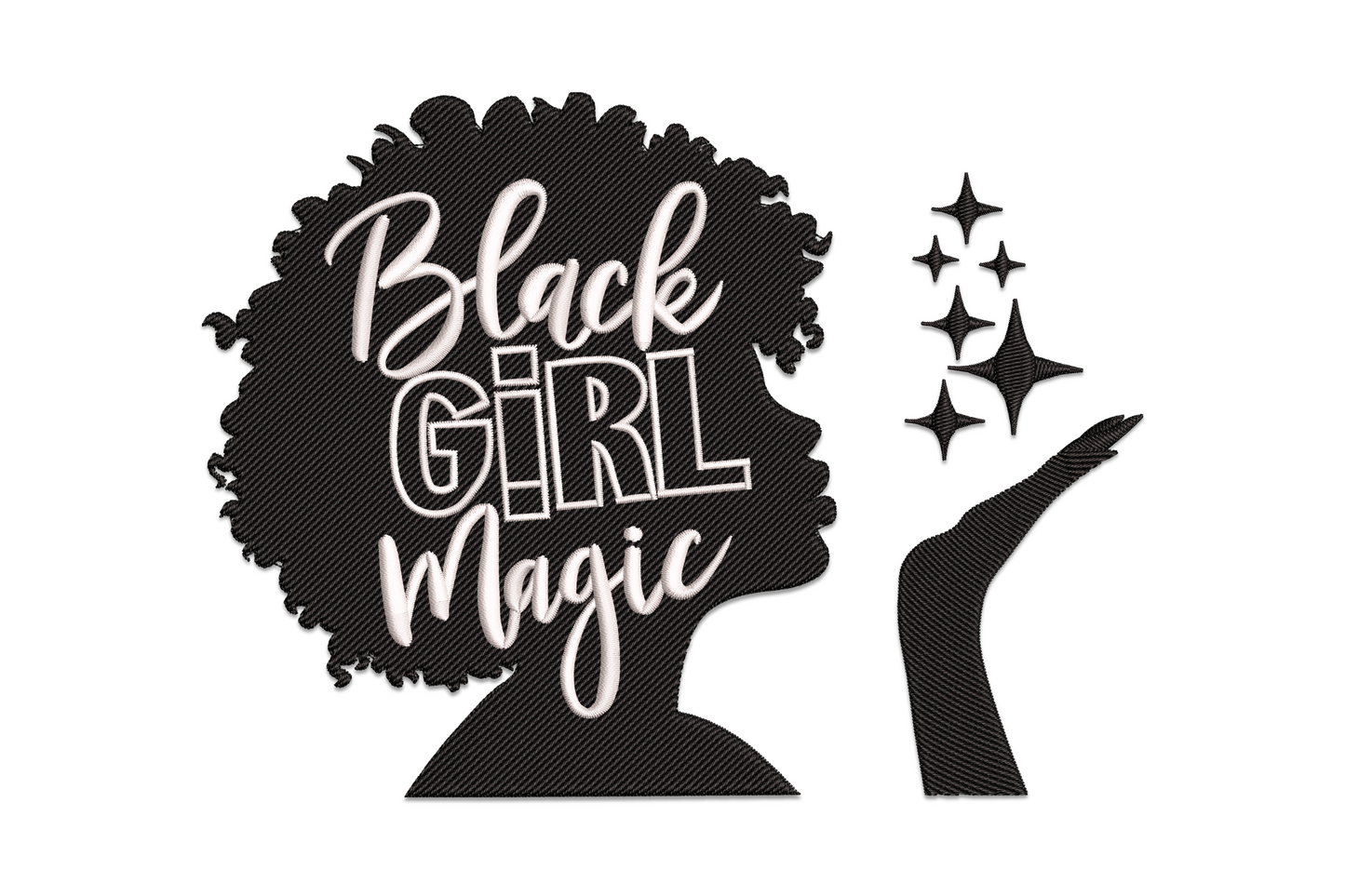 Black girl magic afro silhouette embroidery design, 2 colour solid woman silhouette with natural afro and empowerment text