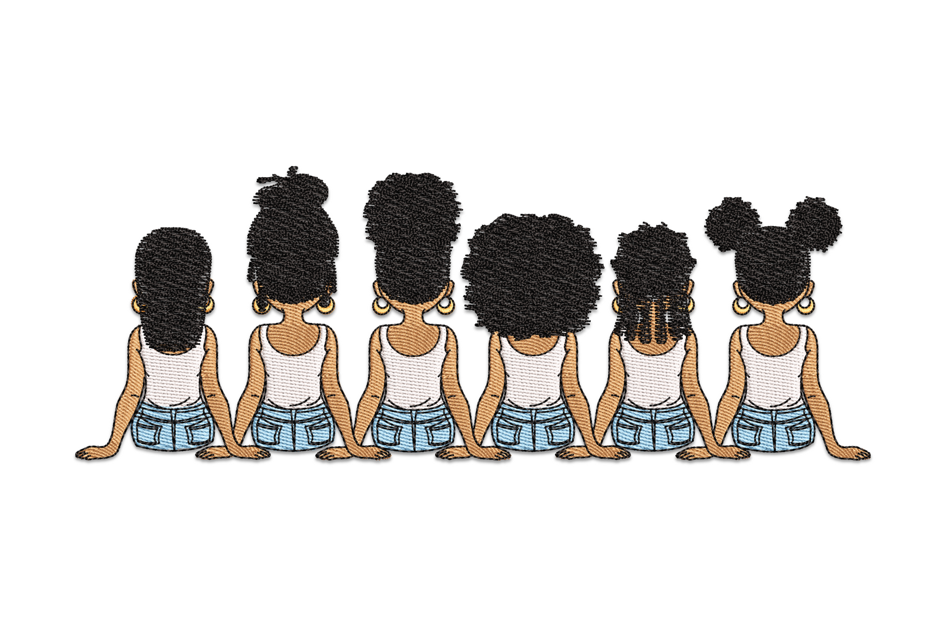 Black girl natural hairstyles embroidery design, six figures from behind showing afro, puffs, locs and curls, 5 colours.