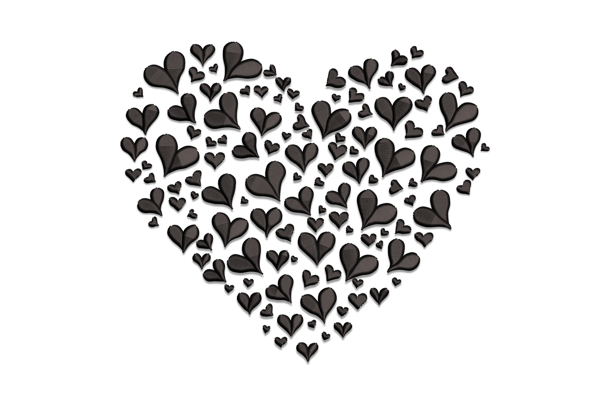 Black hearts cluster embroidery design showing a large heart shape filled with dozens of small satin-stitched hearts.