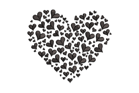 Black hearts cluster embroidery design showing a large heart shape filled with dozens of small satin-stitched hearts.