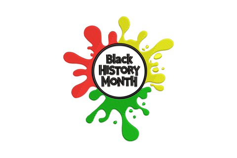 Black history month paint splash embroidery with red, green and yellow ink-splat shapes around a bold centre text badge.