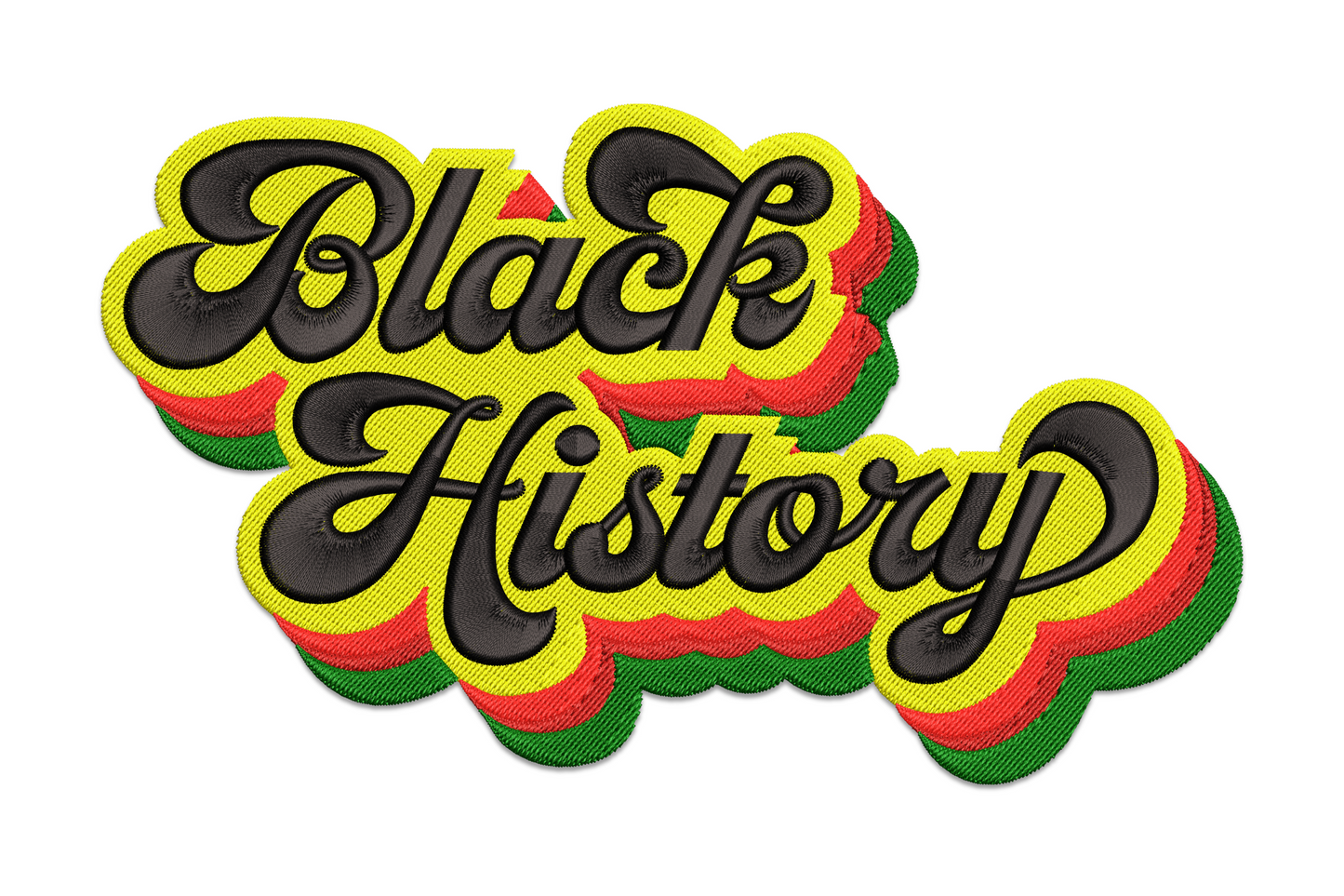 Black History retro script typography embroidery design with layered yellow, red and green pan-African shadow lettering in 1970s groovy style.