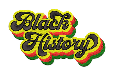 Black History retro script typography embroidery design with layered yellow, red and green pan-African shadow lettering in 1970s groovy style.