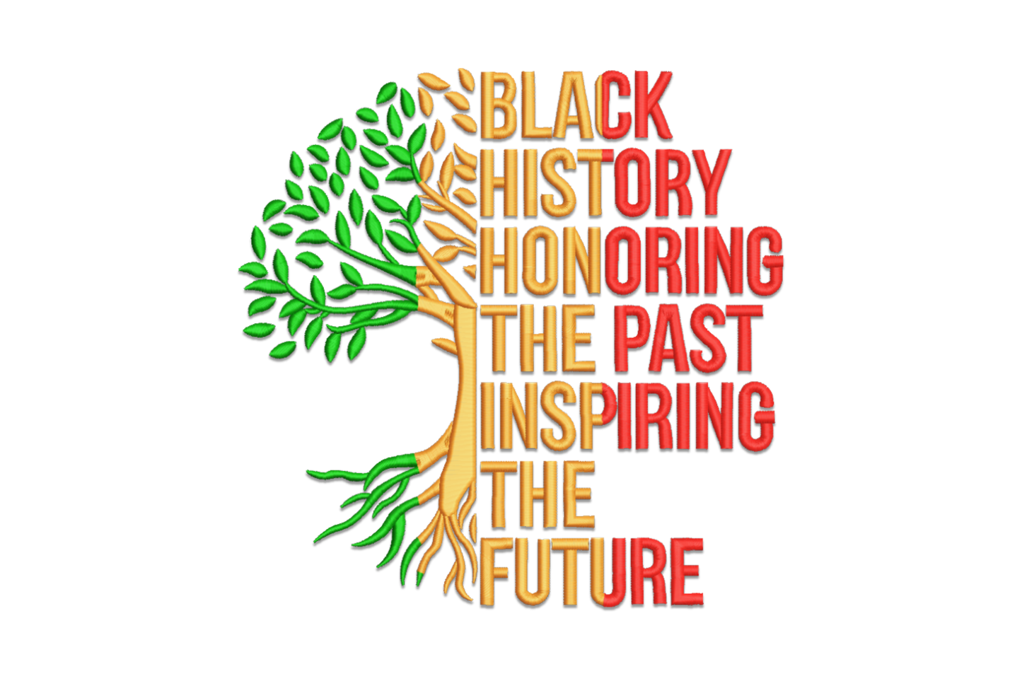 Black History tree of life embroidery, oak silhouette with green leaves and roots, trunk of orange red stacked block text.