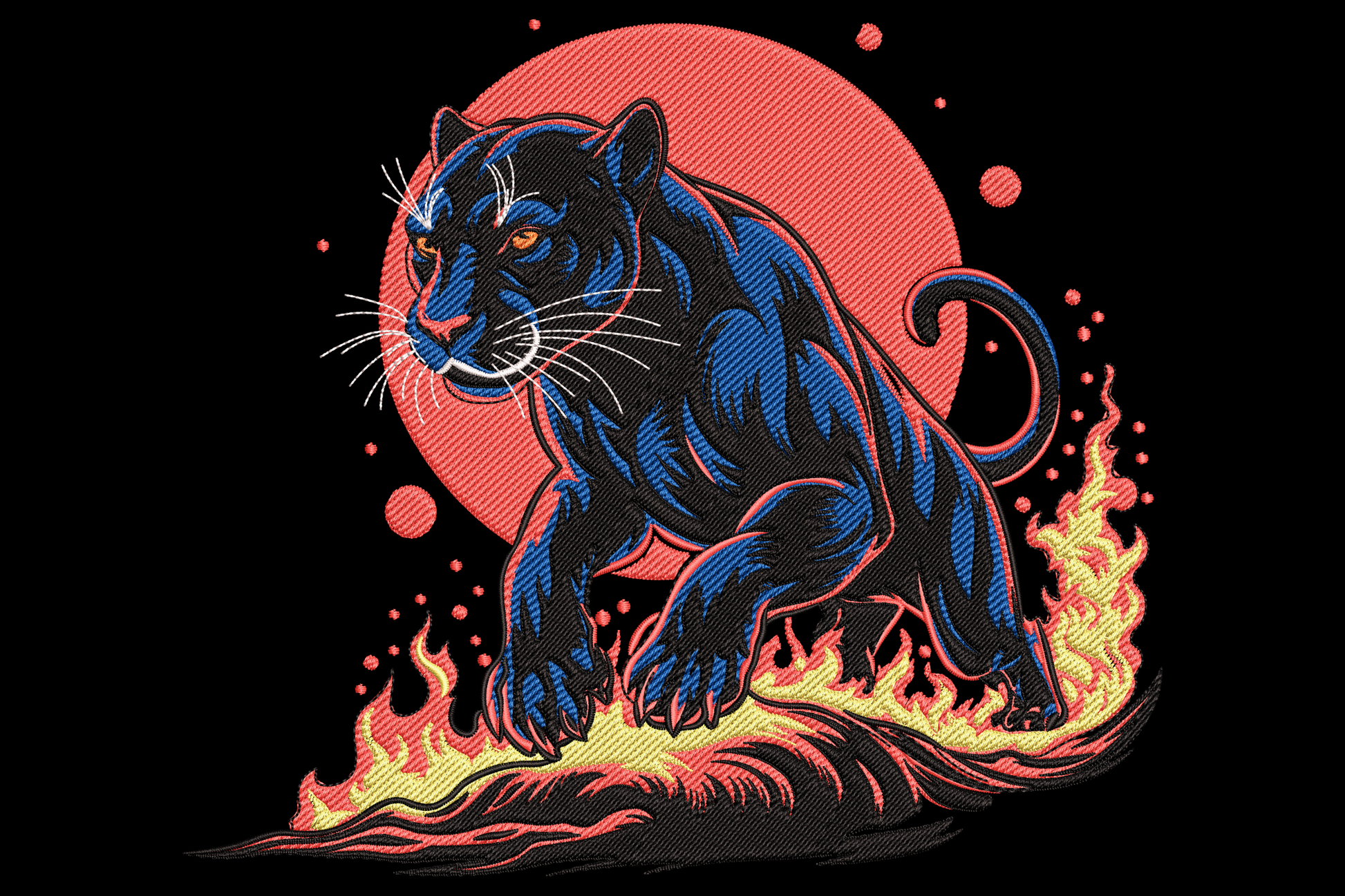 Black panther embroidery design prowling across orange flames in front of a blood-red circular moon.