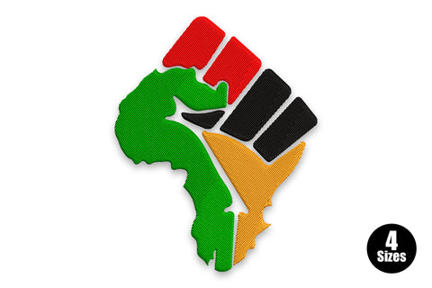 Black power Africa fist embroidery, raised fist in red and black merged with African continent in green and orange fills.