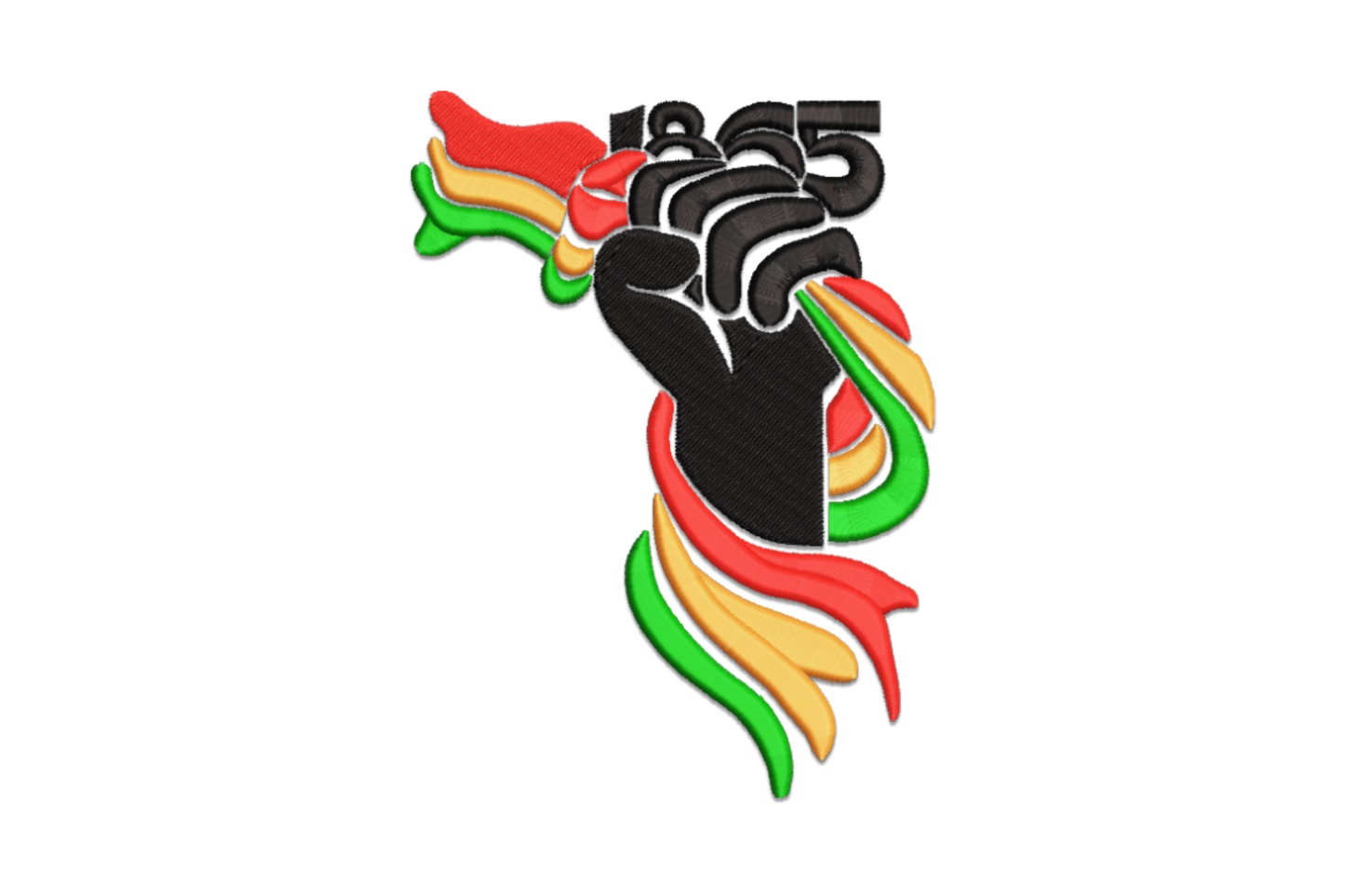 Black power fist 1865 embroidery design with raised dark fist and flowing red green and gold Pan-African ribbon waves surrounding it.