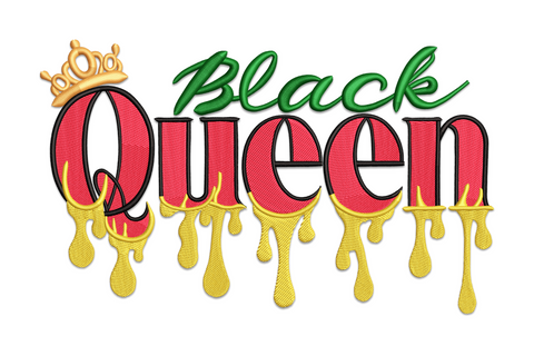 Black Queen embroidery design with gold crown drip lettering in red black and green thread