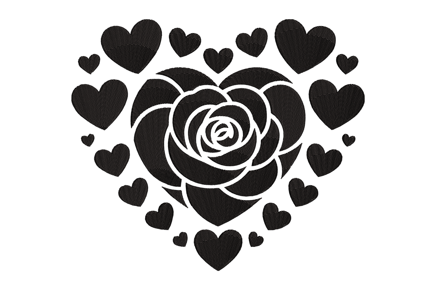 Black rose surrounded by black hearts on a white background